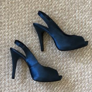 Navy blue satin peep toe heel stretchy strap back